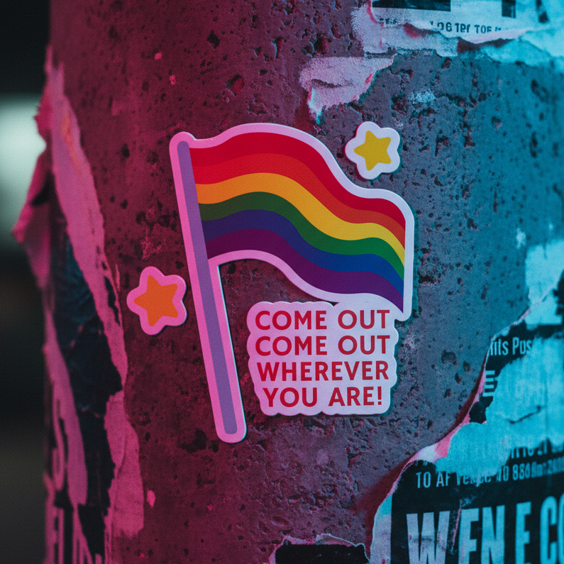 Bubble-free sticker with a bright rainbow pride flag, two yellow stars