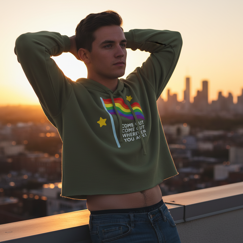 Green Come Out Come Out Crop Hoodie with rainbow stripes, yellow stars, and Come out, come out