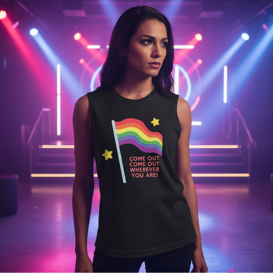 Relaxed fit black muscle top with a rainbow Pride flag, yellow stars