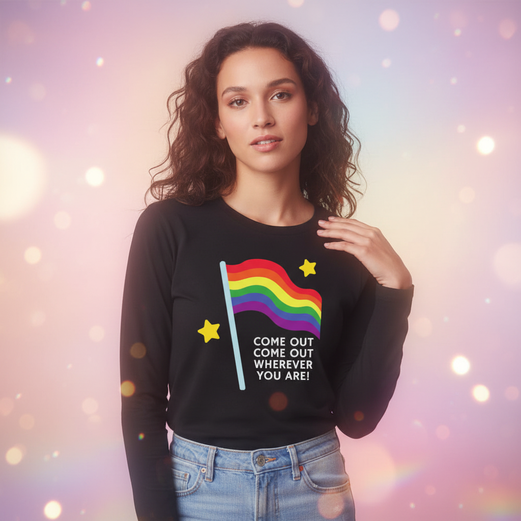 Unisex long sleeve t-shirt repping a rainbow flag, two yellow stars