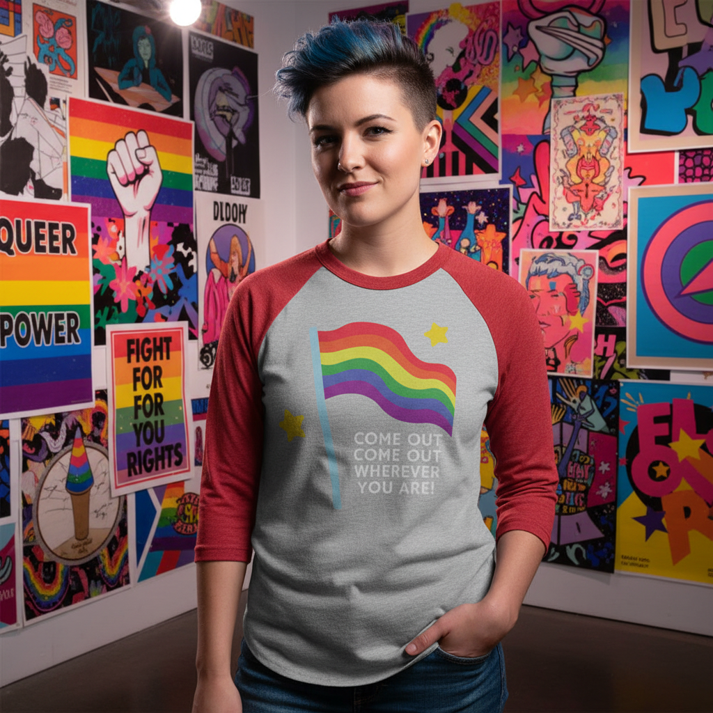 3/4 sleeve raglan shirt with "Come Out Come Out Wherever You Are!" and rainbow flag, worn by a blue-haired person
