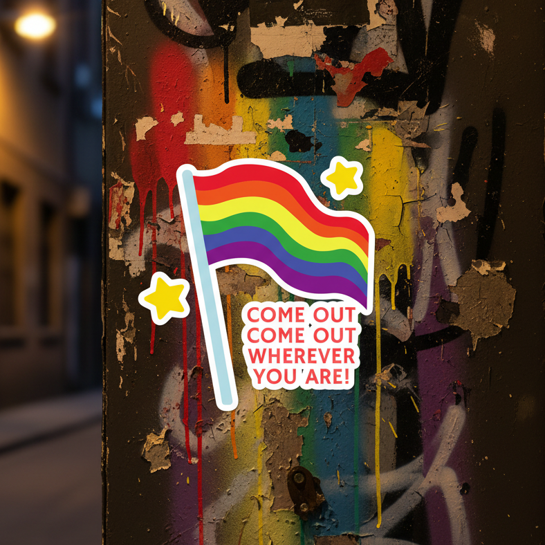 Bubble-free sticker reads "Come Out Come Out Wherever You Are!" with rainbow flag and yellow stars on graffiti-tagged alley