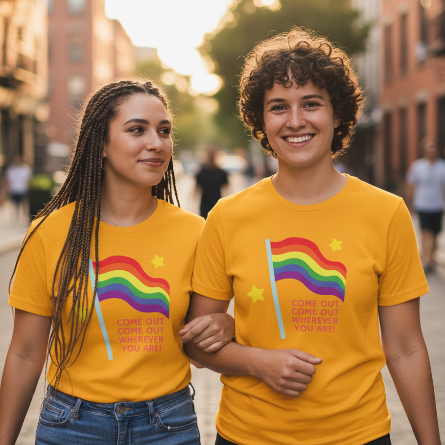 “Come Out Come Out Wherever You Are!” t-shirt with rainbow flag and two stars