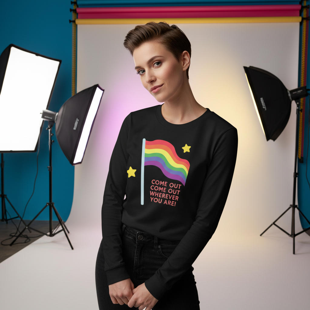 Come Out Come Out Wherever You Are! unisex long sleeve t-shirt with rainbow flag and pride text, worn by model in studio