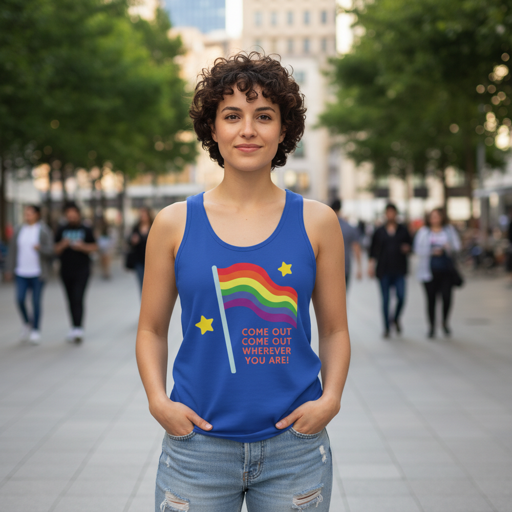 Unisex tank top in blue with “Come Out Come Out Wherever You Are!” bold print, rainbow flag, and yellow stars; queer vibes.