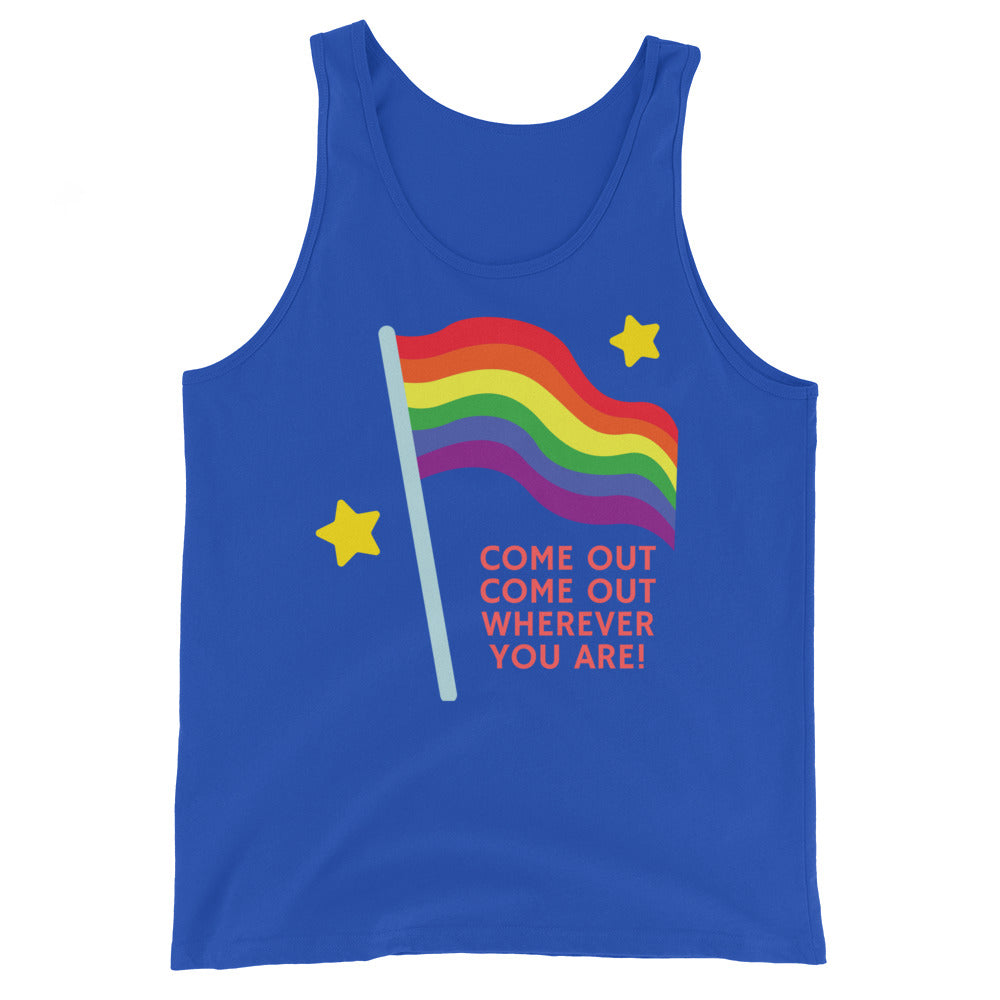 Front view of a blue tank top with a rainbow flag, stars, and “COME OUT” slogan