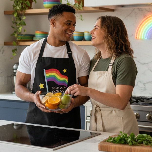 Two people in a kitchen wear aprons; the black apron shows a rainbow and “COME OUT COME OUT”