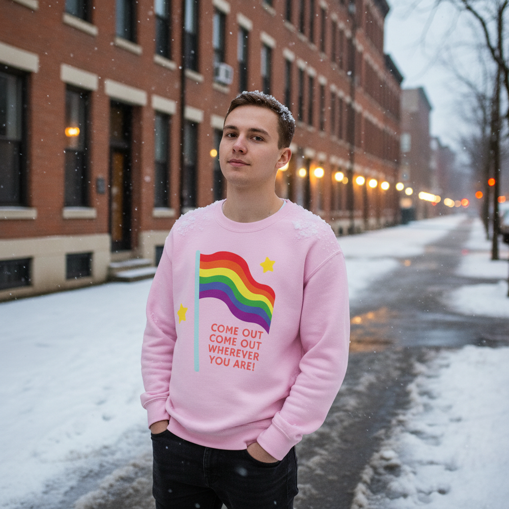 Model wearing a pink sweatshirt with a rainbow flag, stars, and “COME OUT COME OUT WHEREVER YOU ARE!”