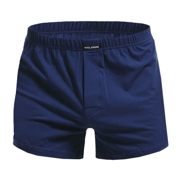Front view of navy blue cotton boxer shorts with an elastic waistband and fly
