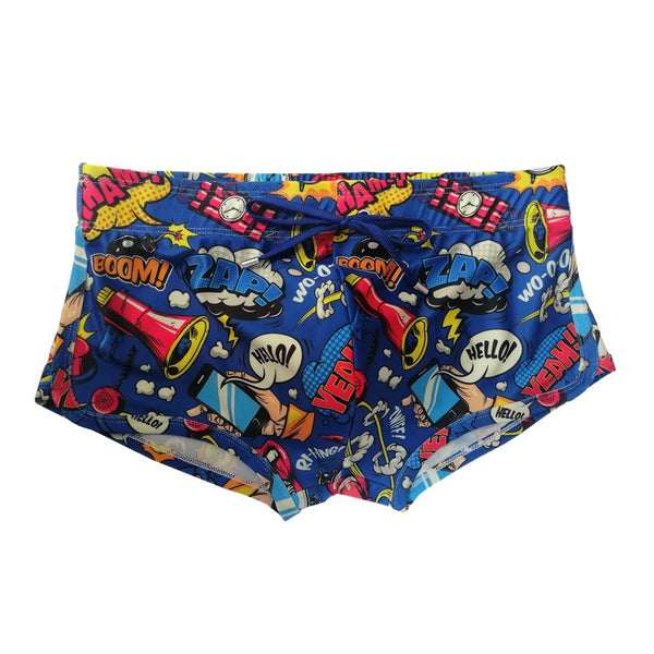 Front view of blue comic-print swim shorts with drawstring waist