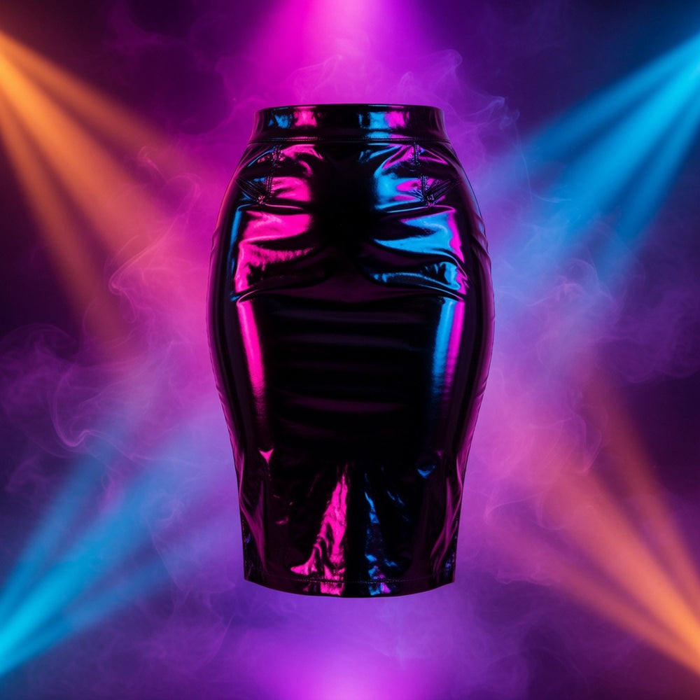 Black Queer Mini Skirt with a glossy finish, lit by purple, blue