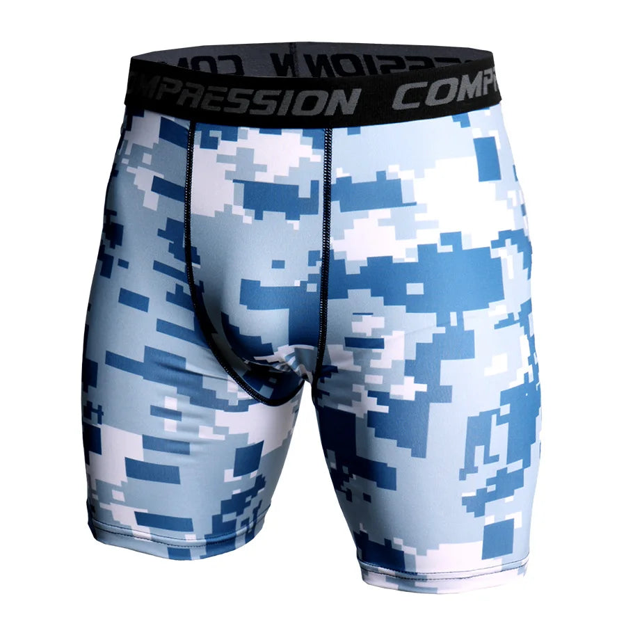 Blue and white digital-camouflage compression shorts with a black branded waistband