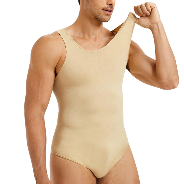 Front-view model wearing a nude-beige sleeveless compression bodysuit