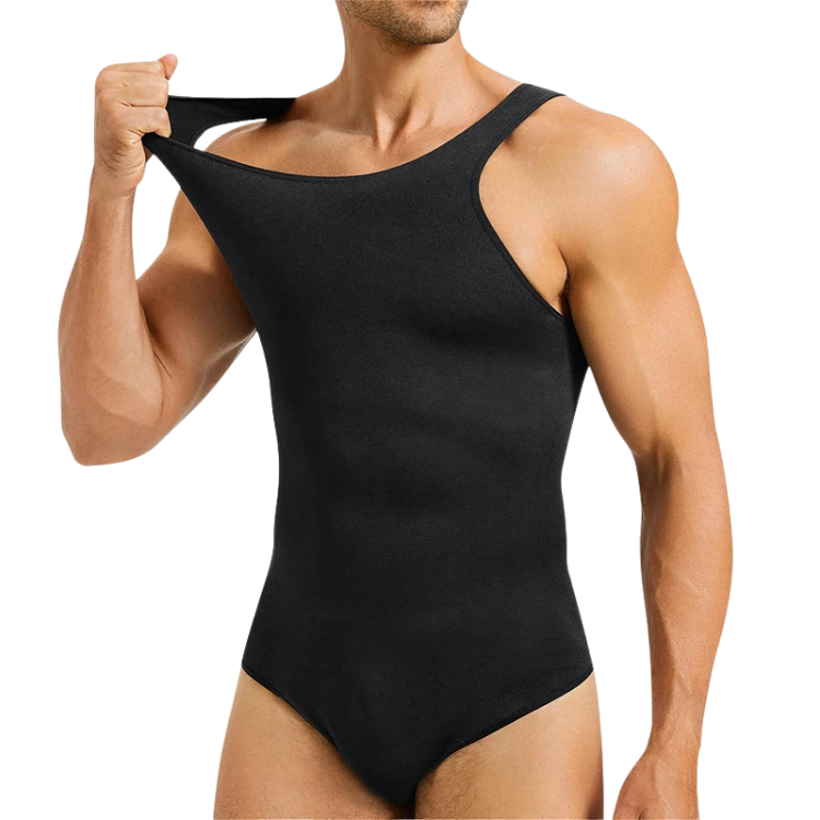 Cropped model wearing a black one-shoulder shapewear bodysuit and pulling its strap outward