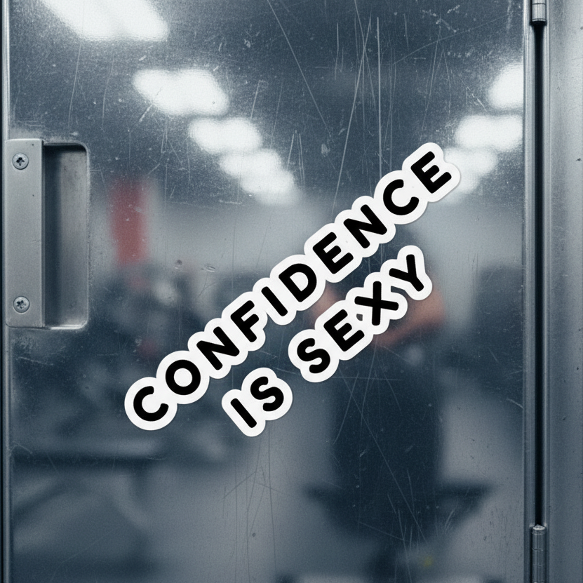 Confidence Is Sexy Bubble-Free Sticker in bold black lettering pops on a metal door