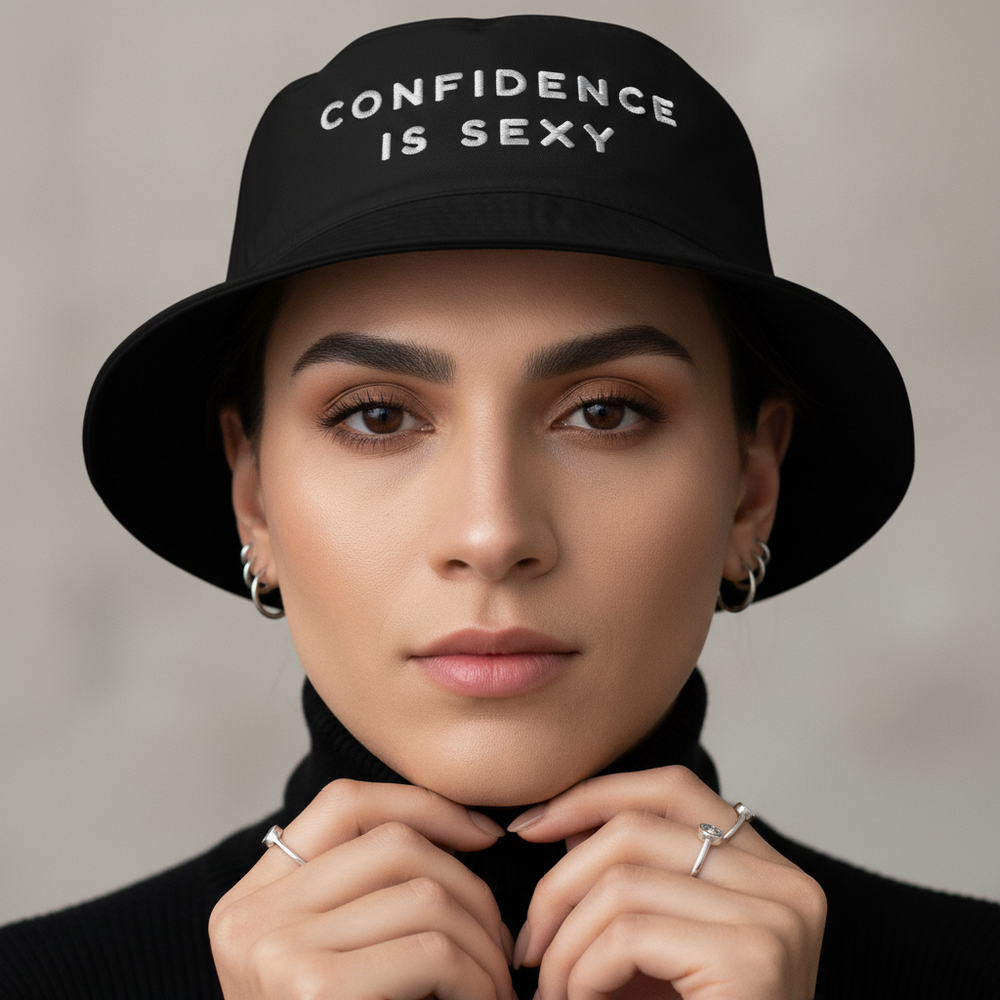 Confidence Is Sexy black bucket hat with bold white text, worn by a light-skinned babe in hoops, subtle makeup