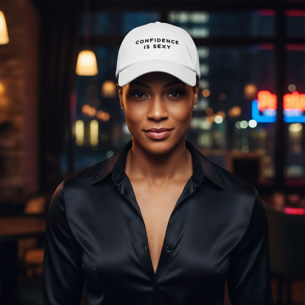 White "Confidence Is Sexy" pride dad hat pops against a black satin shirt; person beams softly