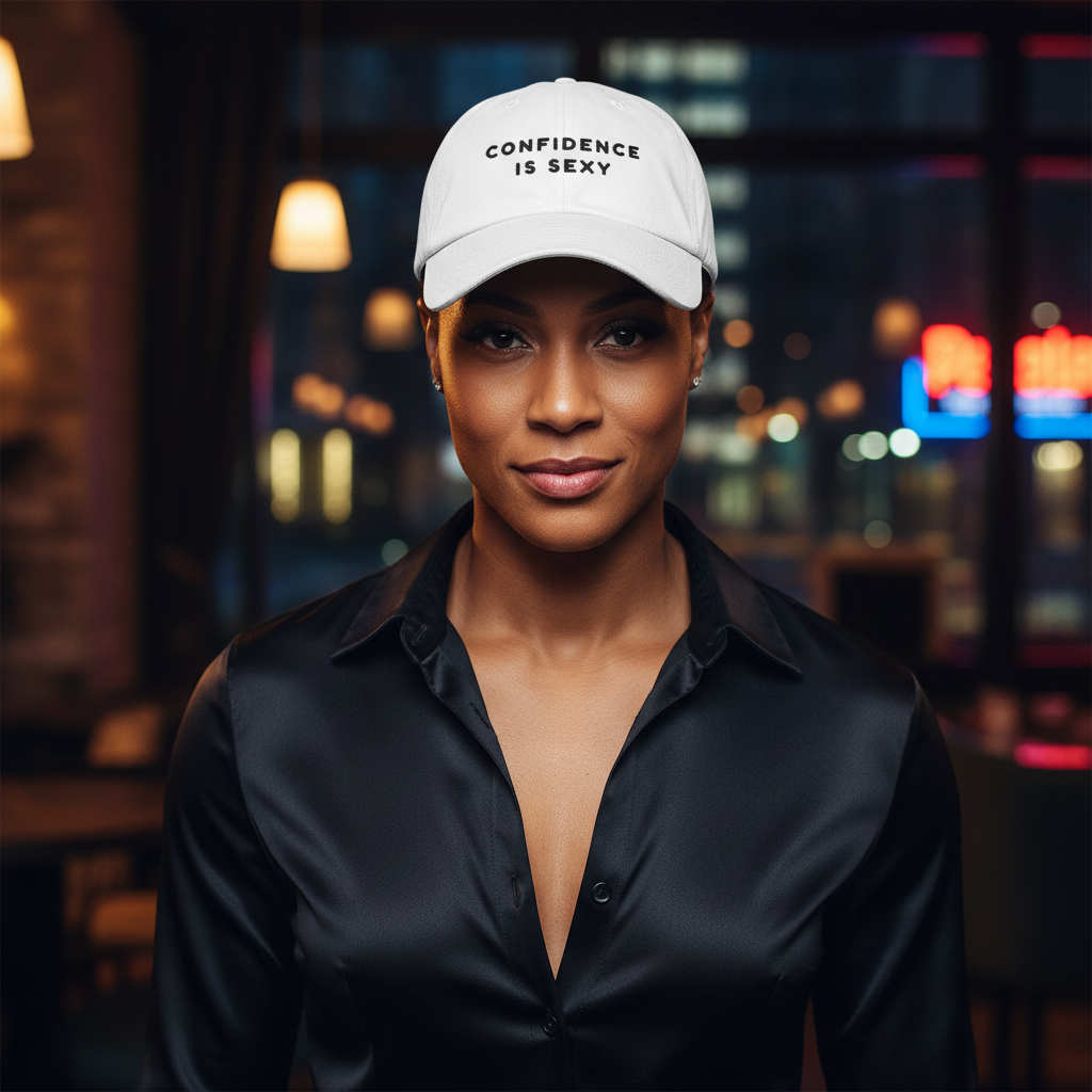 White "Confidence Is Sexy" pride dad hat pops against a black satin shirt; person beams softly