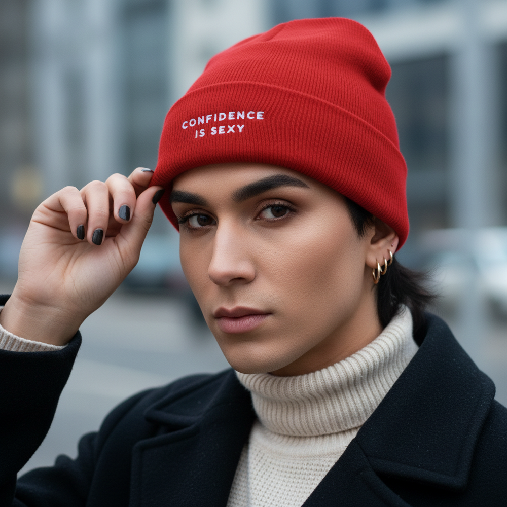 Red "Confidence Is Sexy" cuffed beanie, gold hoops, black nails, bold makeup, white turtleneck, dark coat