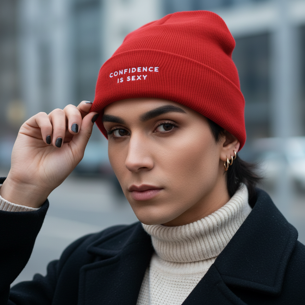 Red "Confidence Is Sexy" cuffed beanie, gold hoops, black nails, bold makeup, white turtleneck, dark coat