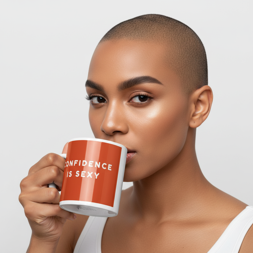 Close-up person with a shaved head sipping from a red mug reading “CONFIDENCE IS SEXY”
