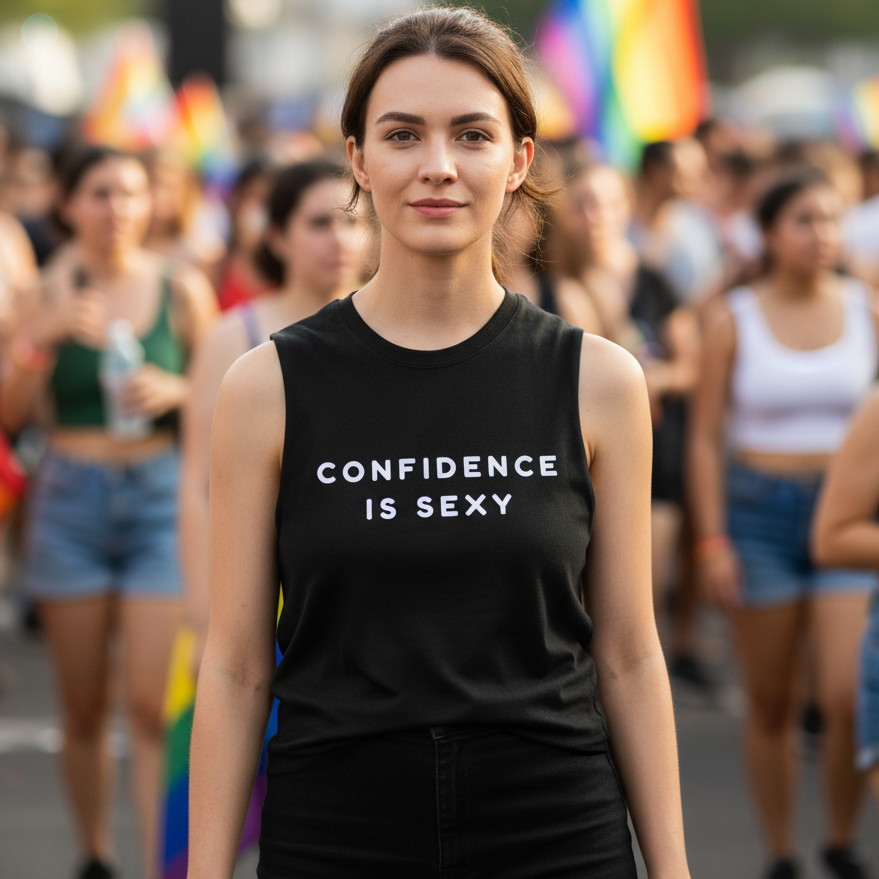 Black “Confidence is Sexy” muscle tee worn by person at outdoor Pride