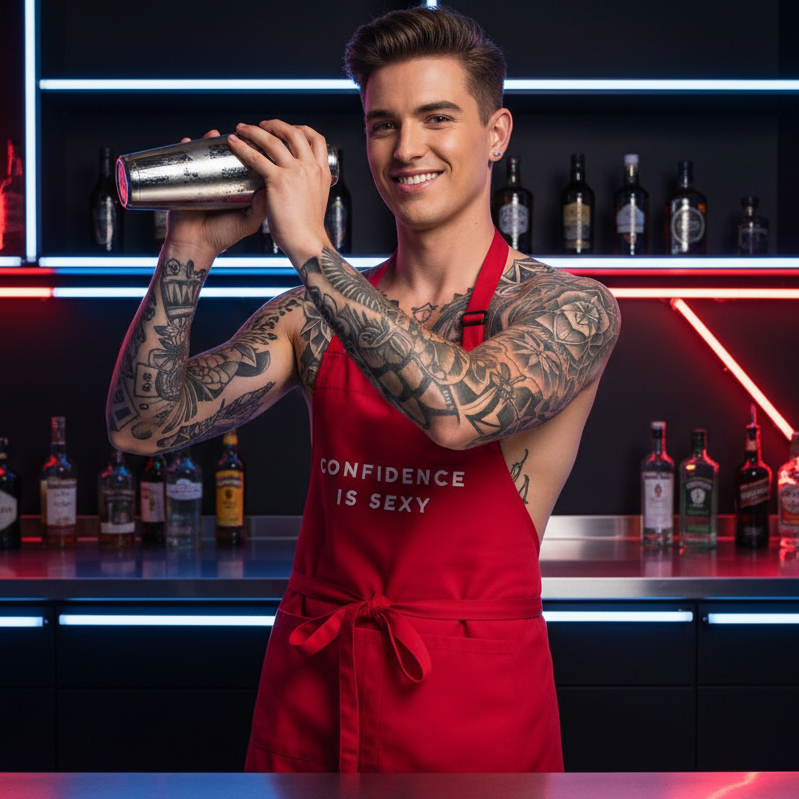 Tattooed bartender shaking a cocktail in a red apron reading “CONFIDENCE IS SEXY”