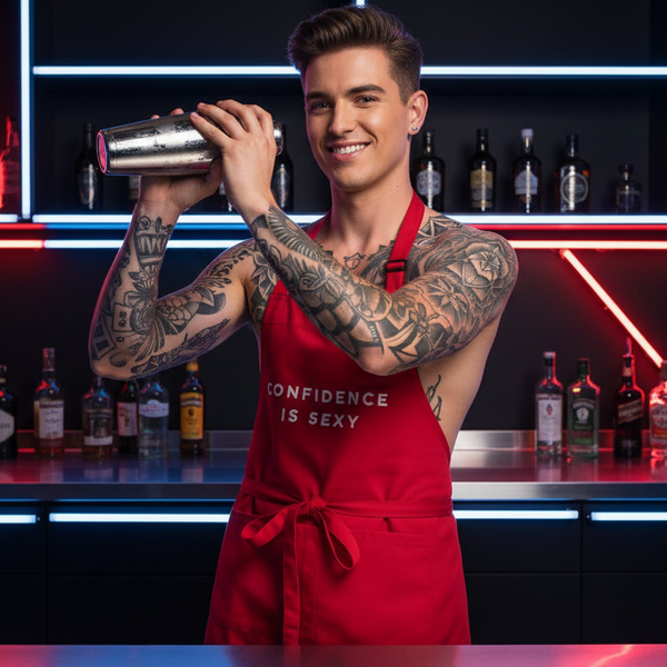 Tattooed bartender shaking a cocktail in a red apron reading “CONFIDENCE IS SEXY”