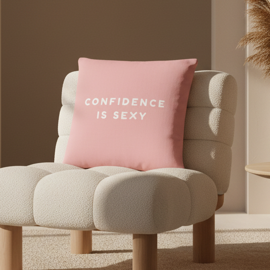 Cream tufted armchair with wooden legs in sunlight, holding a pink "Confidence Is Sexy" pillow