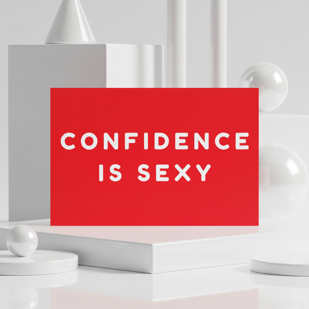 Postcard with a bold red rectangle, centered white text reading "Confidence Is Sexy"