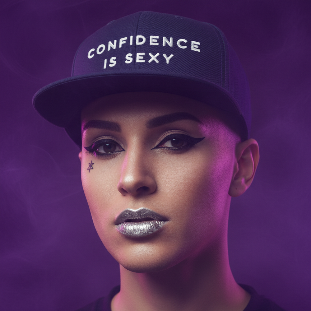 Confidence Is Sexy Snapback Hat on a person with winged eyeliner, metallic silver lips, star cheek tattoo