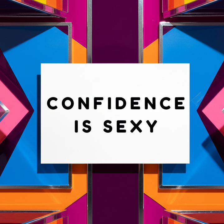 Postcard with bold black "Confidence Is Sexy" text on white, centered over geometric blue, pink, orange