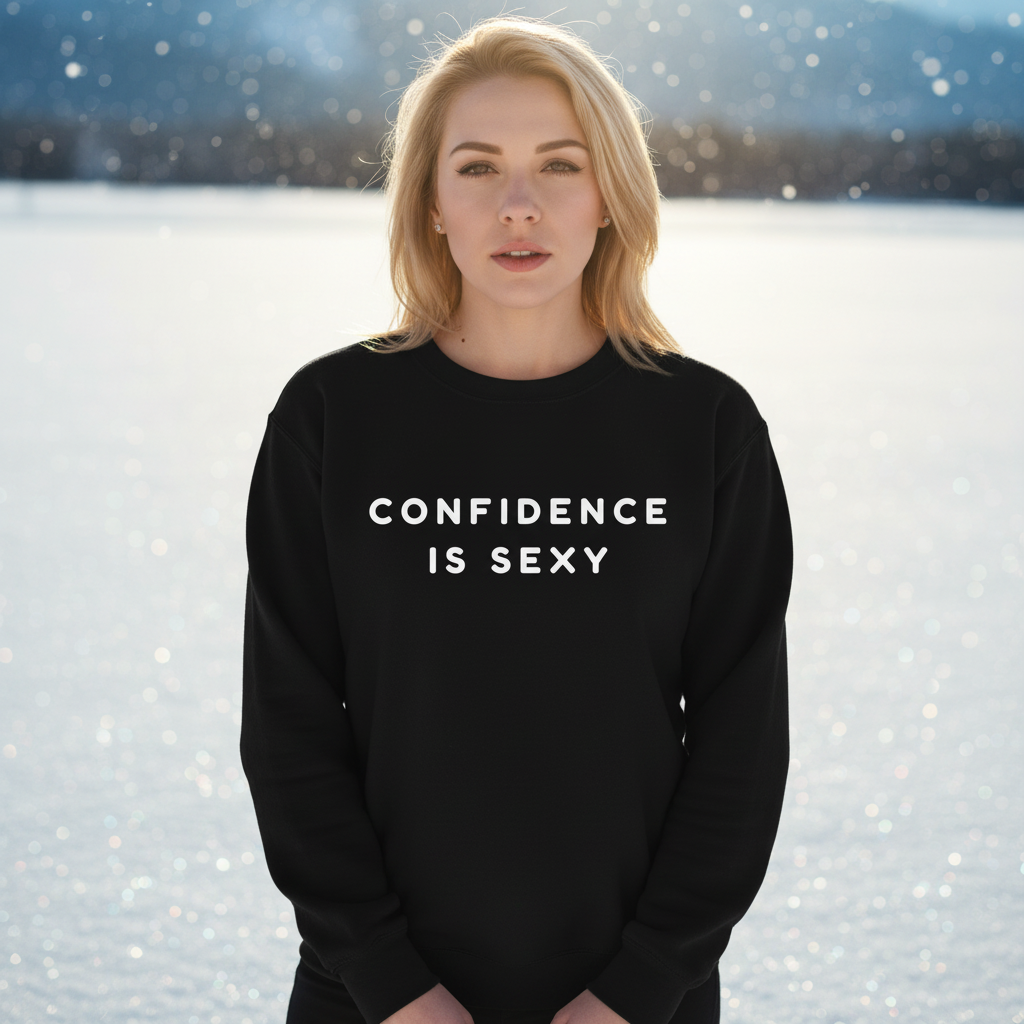 Confidence Is Sexy Unisex Sweatshirt worn by a blonde person in a snowy setting