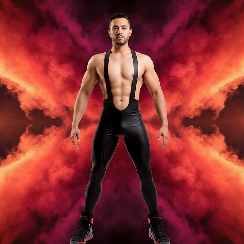 Front-facing model wearing black leather-look pants with attached suspenders