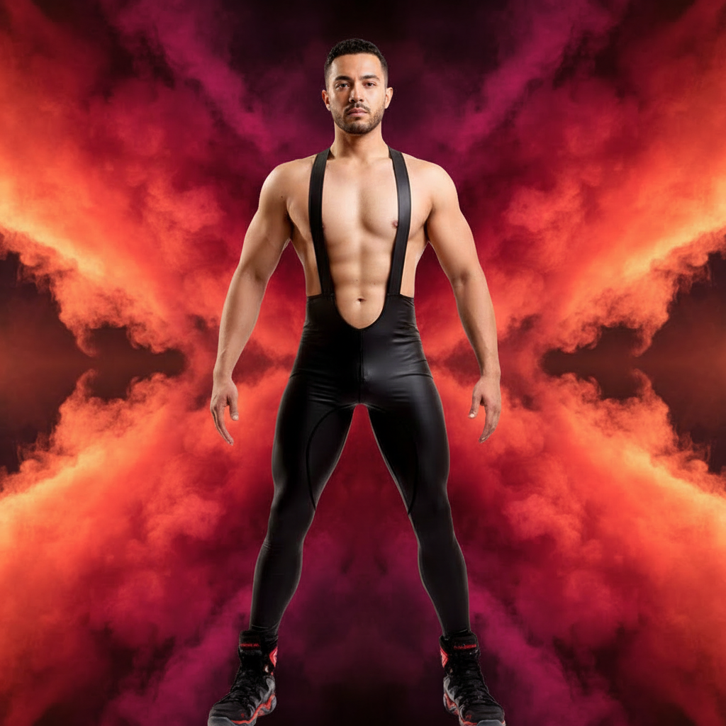Front-facing model wearing black leather-look pants with attached suspenders