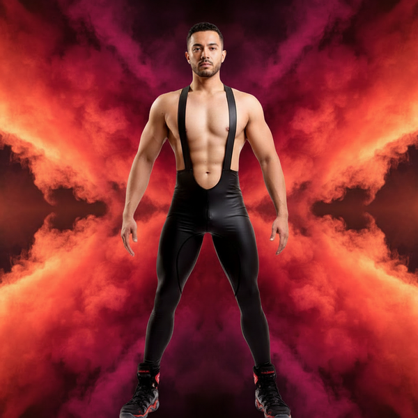 Front-facing model wearing black leather-look pants with attached suspenders