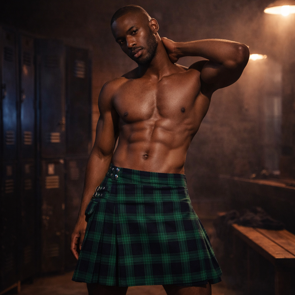 Shirtless model wearing a green-and-navy tartan pleated skirt in a locker room