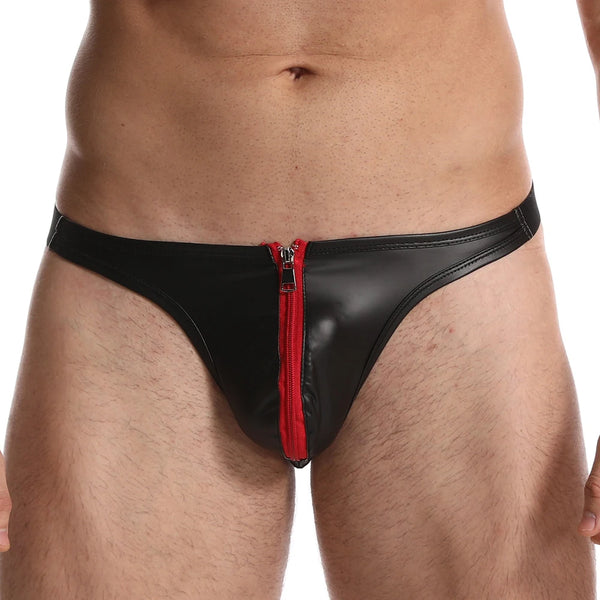 Front view of a model wearing black faux-leather briefs with a red center zipper