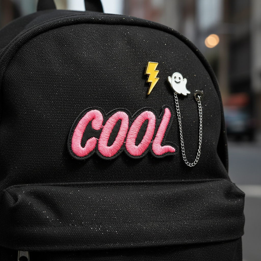 Black backpack with a large pink “Cool Iron On Embroidered Patch,” yellow lightning bolt pin