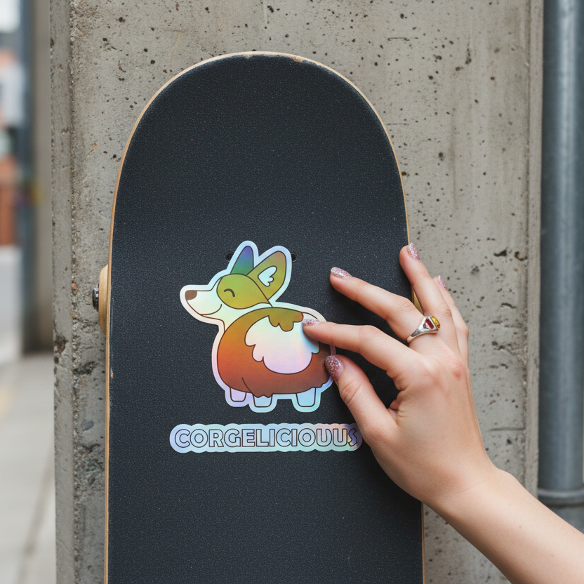 Corgelicious Holographic Sticker with a corgi face being placed by a queer hand with sparkly nails onto black grip tape