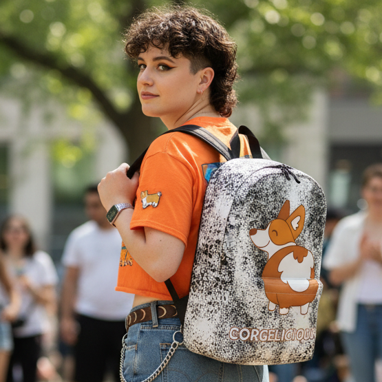 Speckled corgi-print backpack worn over one shoulder, with “CORGELICIOUS” text visible