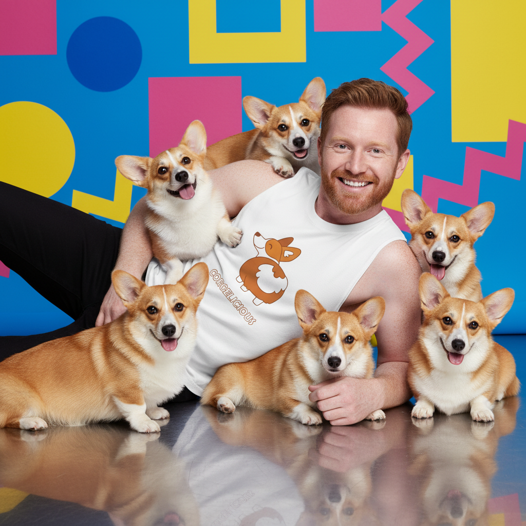 White "Corgelicious" muscle tank worn by a redhead, chilling with six Pembroke Welsh Corgis on a bold blue, pink