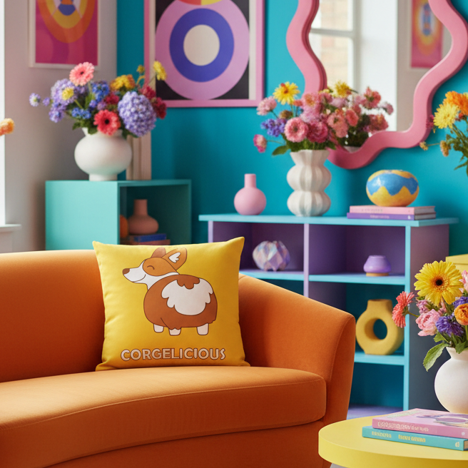 Corgelicious Premium Pillow with a cartoon corgi on an orange sofa, pastel shelves with flowers, teal walls, pink mirror