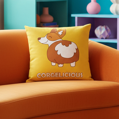Yellow Corgelicious Premium Pillow with cartoon corgi and "CORGELICIOUS" text on orange sofa; colorful shelves