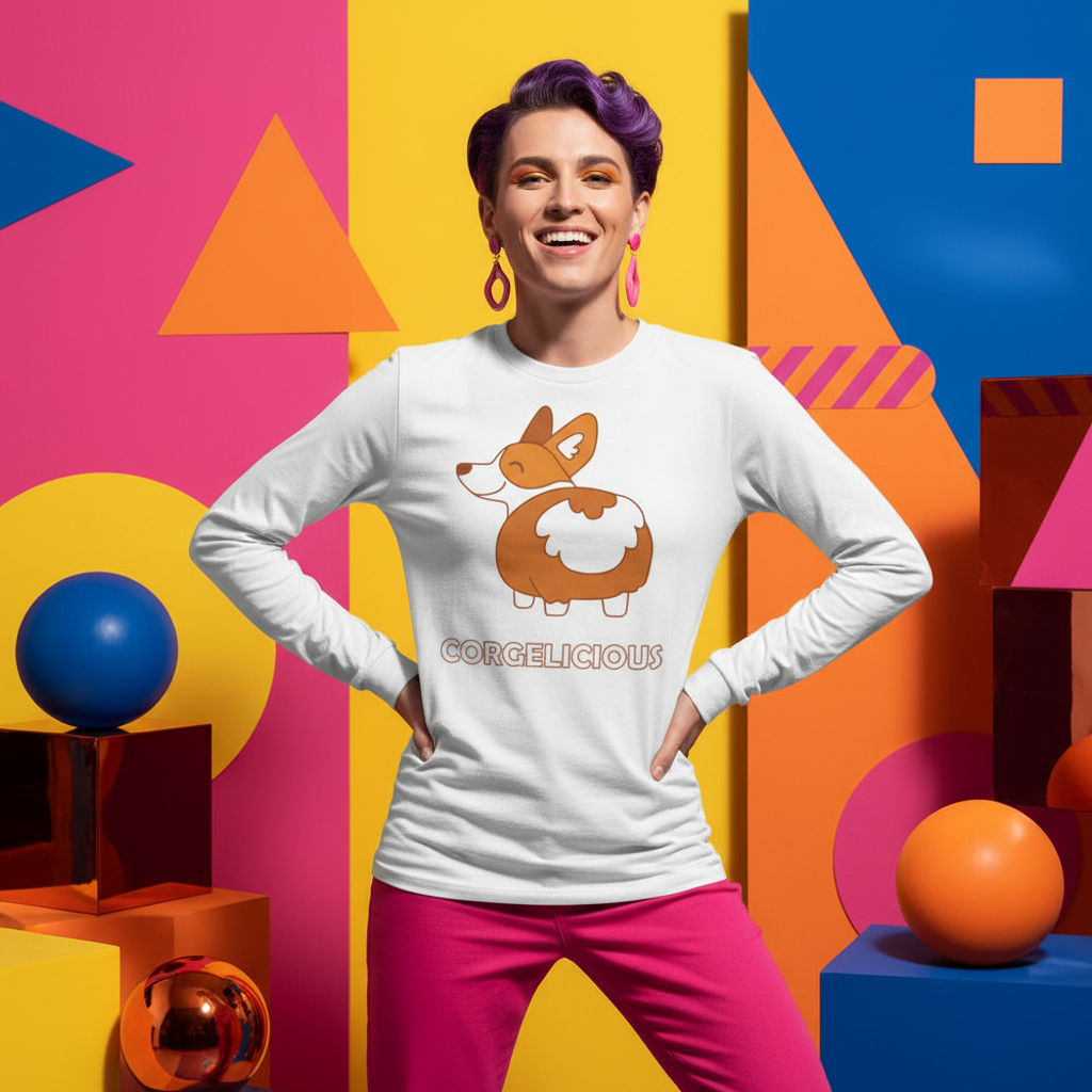 Corgelicious Unisex Long Sleeve T-Shirt with cartoon corgi and “CORGELICIOUS” text; worn by person, bold rainbow backdrop
