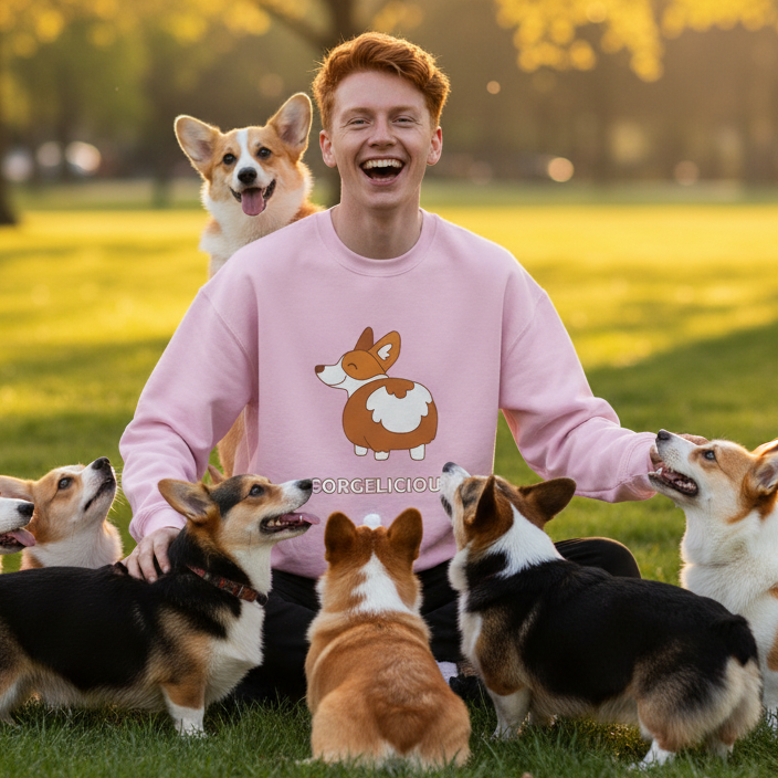 Corgelicious Unisex Sweatshirt with cartoon corgi, worn by red-haired person on grass
