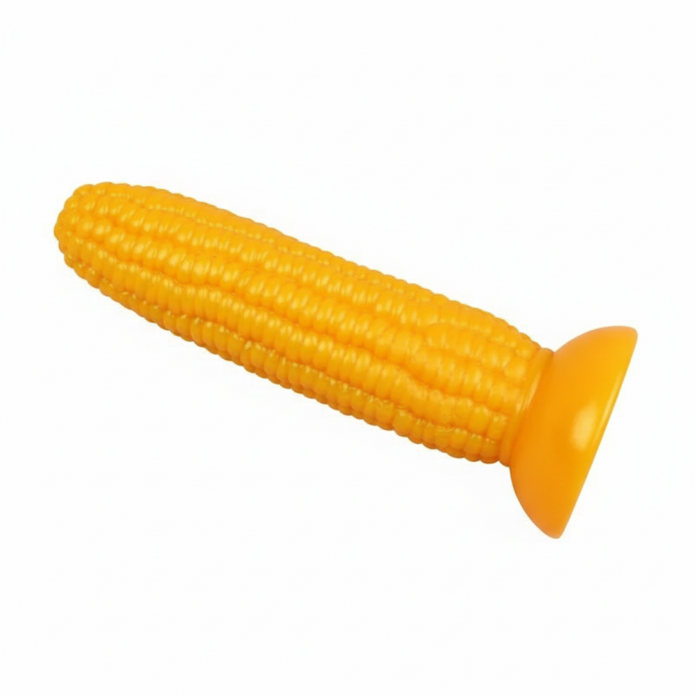 Orange corn-shaped dildo with textured kernels and a flared base on white