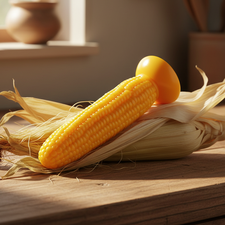 Yellow corn-shaped dildo with textured kernels and rounded handle on corn husks