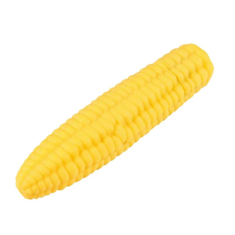 Yellow corn-on-the-cob-shaped vibrator shown diagonally on a white background