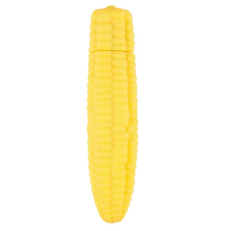 Yellow corn-cob-shaped vibrator shown upright against a white background